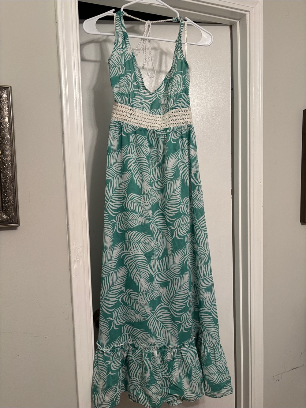 Women’s Green and White Tropical Print Maxi Dress with Crochet Waist